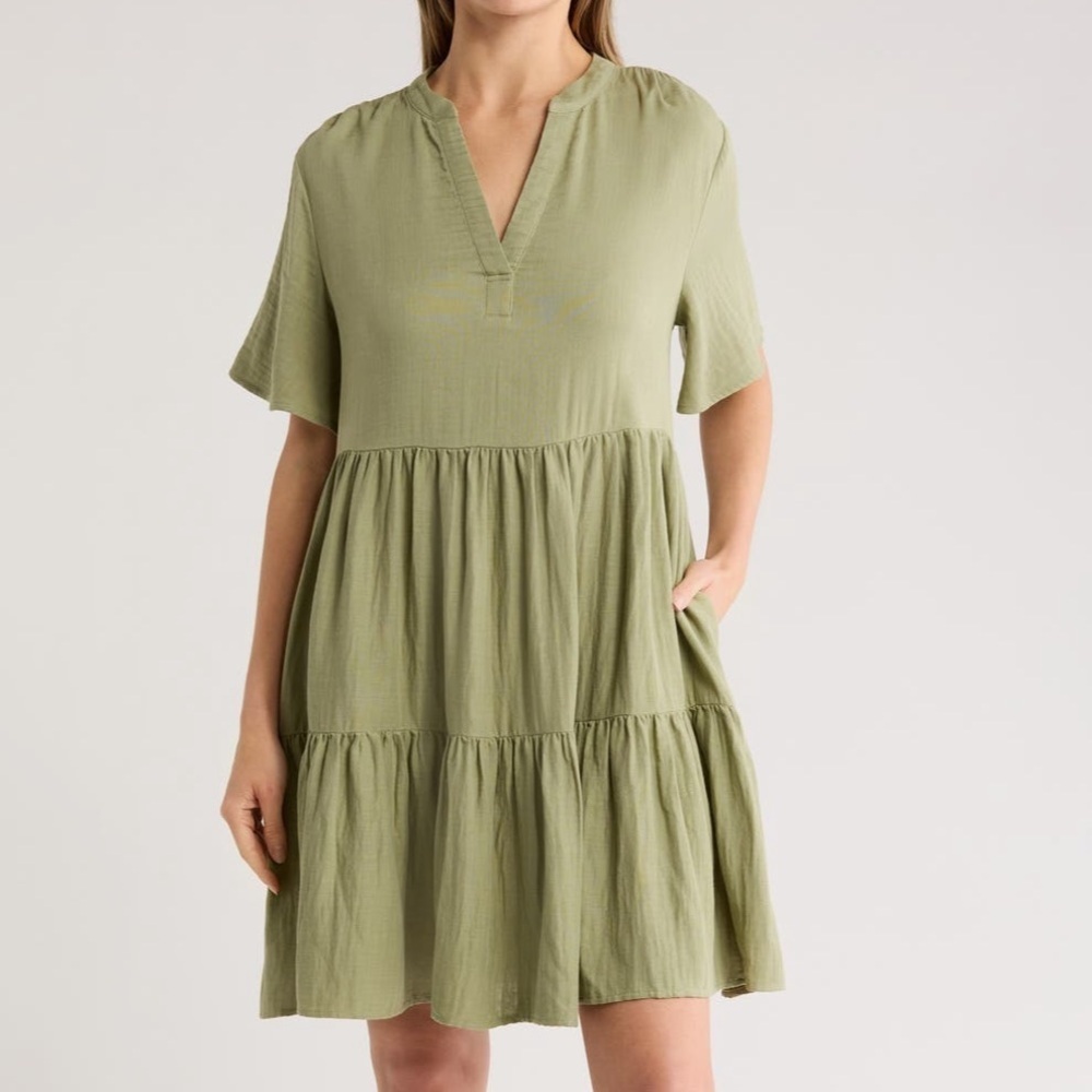 Caslon Short Sleeve Tiered Babydoll Dress Olive Acron Size Large